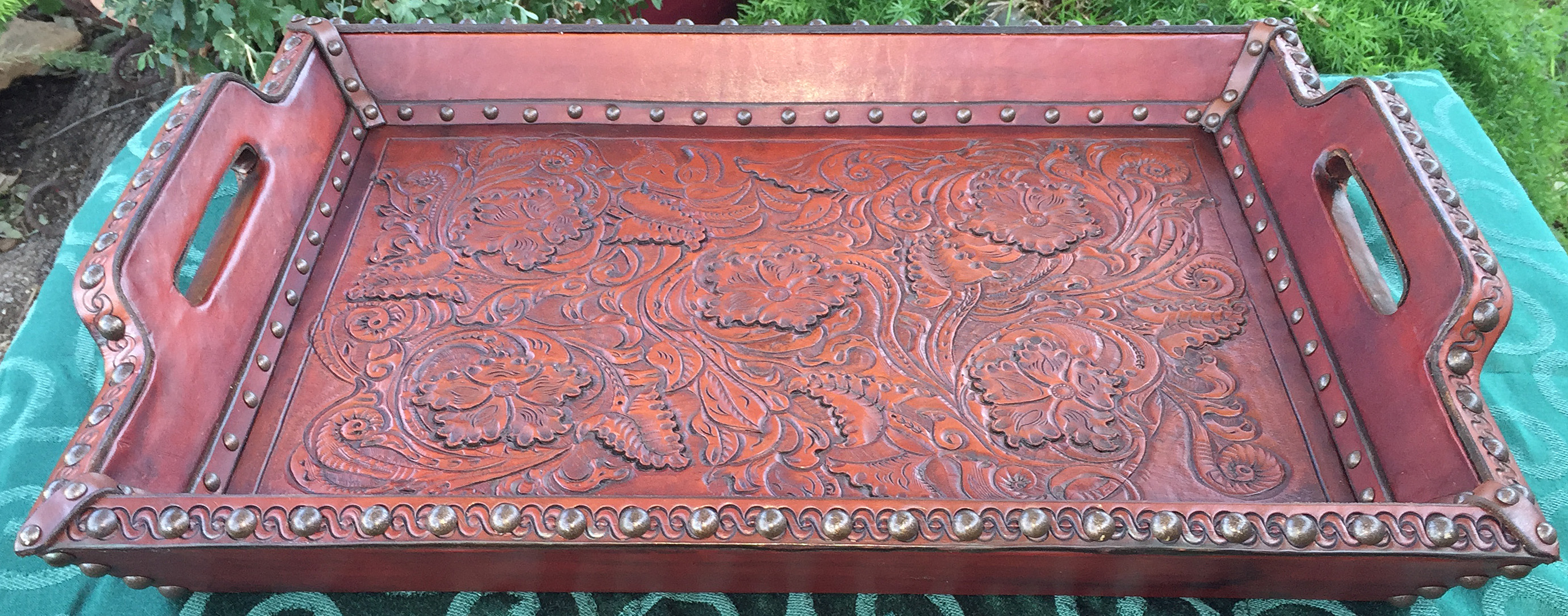 Fully Hand Tooled Leather Serving Tray 1